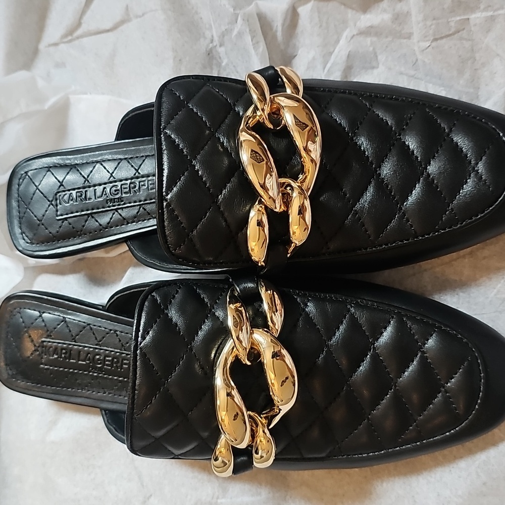 Karl Lagerfeld Black Quilted Loafers with Gold Accent
